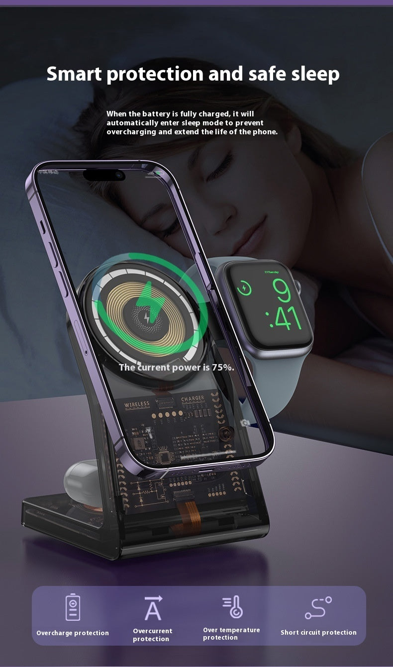 Transparent three-in-one wireless charger electromagnet stand