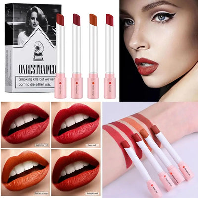 Kreatives Lippenstift-Set, 4 Farben, matt, langanhaltend, wasserfest, matter Lippenstift, Tube, nacktes rotes Lippen-Make-up