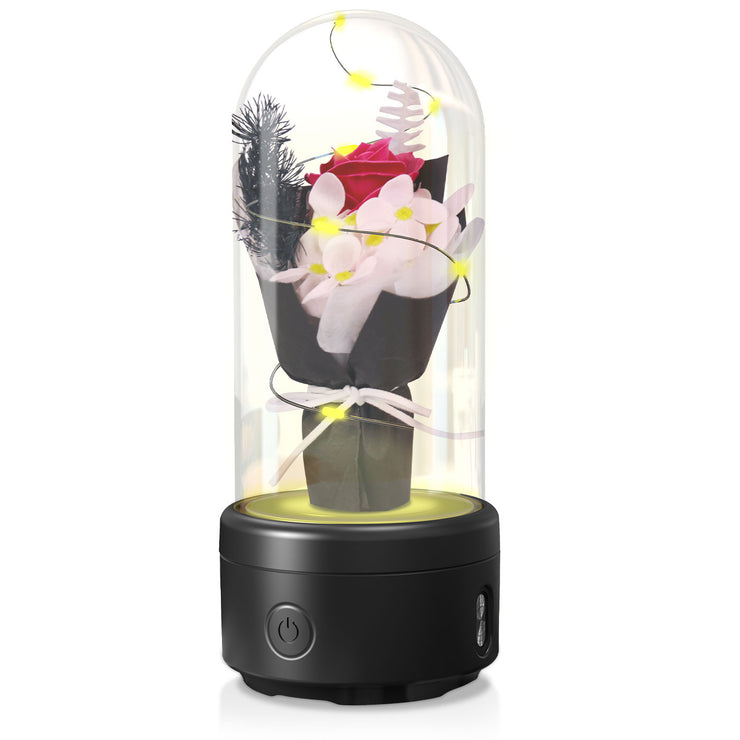 Kreatives 2-in-1-Blumenstrauß-LED-Licht und Bluetooth-Lautsprecher Muttertagsgeschenk Rose leuchtendes Nachtlicht-Ornament in Glasabdeckung