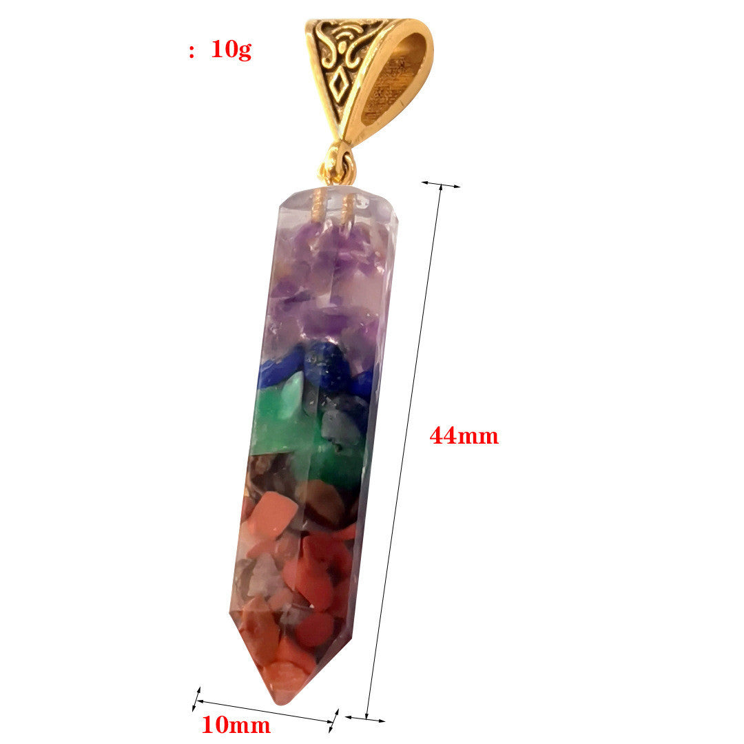 Seven Chakra Natural Crushed Stones Hexagon Column Necklace Aura Pendant