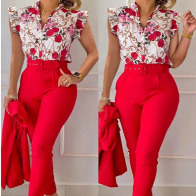 Printed Ruffle Sleeve Top Solid Color Pants Suit With Belt