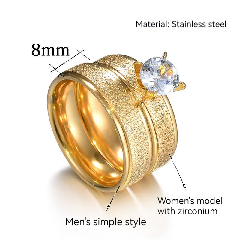 Simple couple ring with round zirconia, titanium steel ring