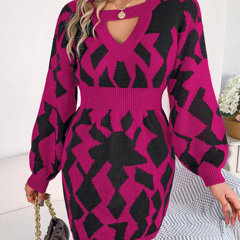 Color-coordinated sweater dress with hollowed-out lantern sleeves and fitted waist