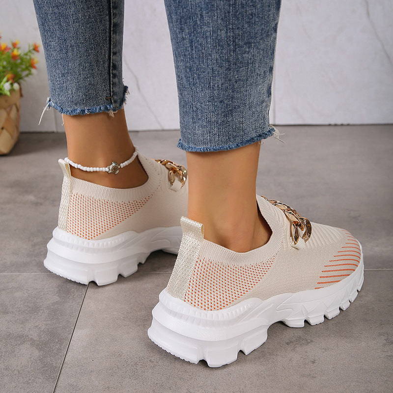 Fashion Chain Design Mesh Shoes For Women Breathable Casual Soft Sole Walking Sock Slip On Flat Shoes