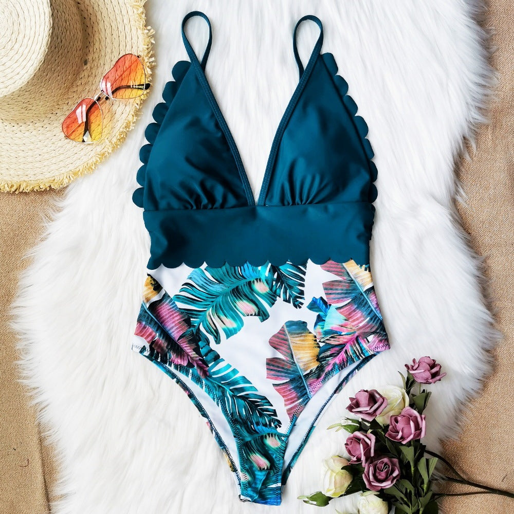 One Piece Printed Lace Swimsuit Halter Sexy